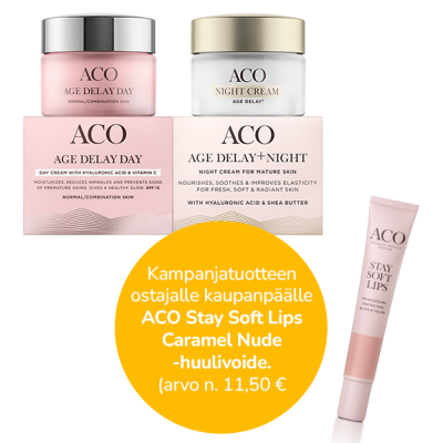 Aco Age Delay ja Age Delay+ -tuotteen ostajalle huulikiilto kaupan päälle