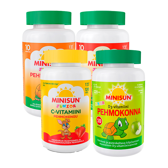 Minisun D-vitamiini 10 mikrog. tai C-vitamiini 80 mg 120 kpl 16,90 €