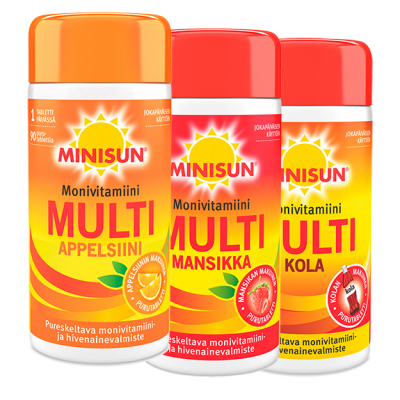 Minisun Monivitamiini Multi Mansikka, Appelsiini tai Kola 90 kpl 10,90 €